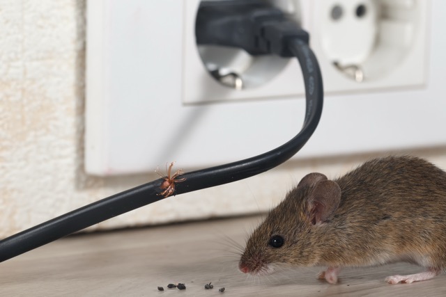 Das Foto zeigt eine Maus, die neben einem angebissenen Stromkabel sitzt und symbolisiert das Thema „Mäusebekämpfung“.